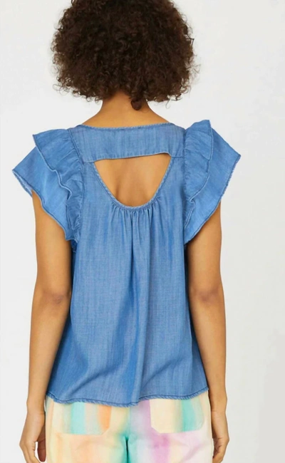 Shop Current Air Chambray Flutter Sleeve Keyhole Back Top In Blue