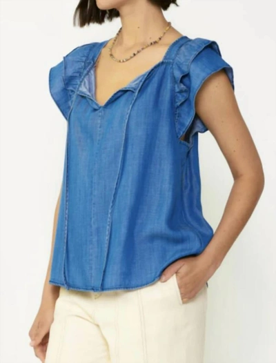 Shop Current Air Chambray Flutter Sleeve Keyhole Back Top In Blue