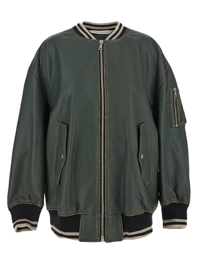 Shop Palm Angels Zipped Leather Bomber Jacket In Green