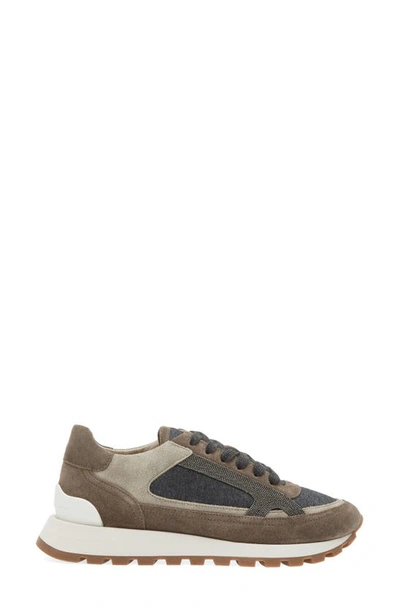 Shop Brunello Cucinelli Monili Trim Mixed Media Runner Sneaker In C8212 Dark Grey