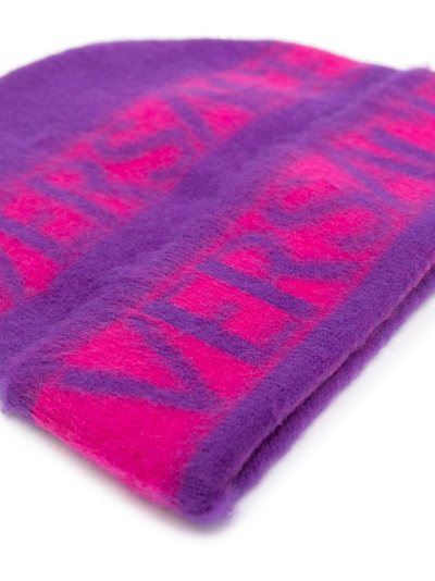 Shop Versace Logo-print Virgin Wool Beanie In Purple