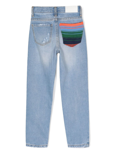Shop Msgm Logo-embroidered Ripped-detail Jeans In Blue