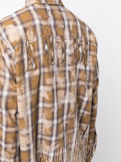Shop Amiri Logo-print Bleached Flannel Shirt In Brown