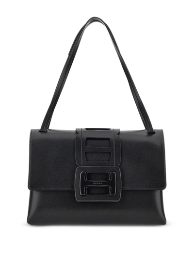 Shop Hogan Medium H Logo-plaque Shoulder Bag In Black