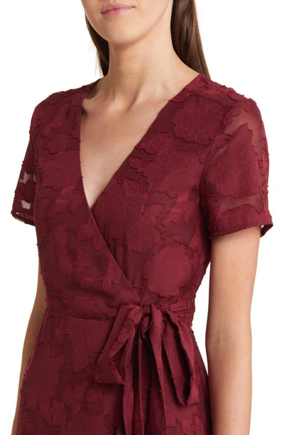 Shop Lulus Blissfully Floral Jacquard Midi Wrap Dress In Burgundy