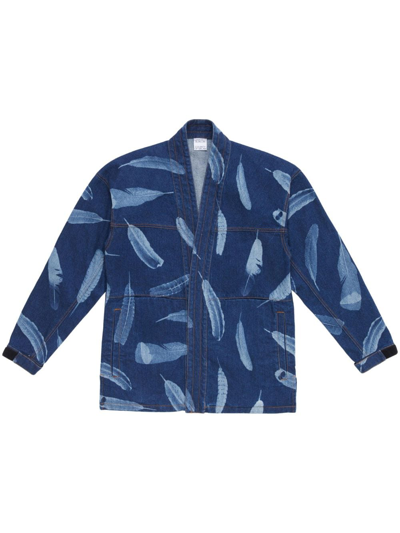 Shop Marcelo Burlon County Of Milan Feather-print Denim Jacket In Blue