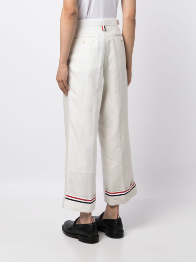 Shop Thom Browne Turn-up Linen Trousers In White