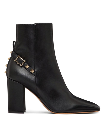 Shop Valentino Women's Rockstud Leather Block Heel Booties In Black