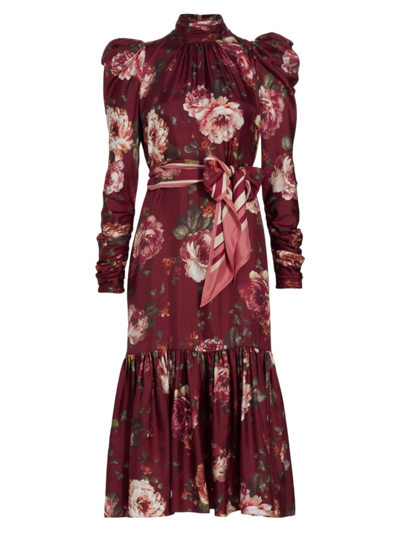 Shop Zimmermann Women's Luminosity Gathered Frill Midi Dress In Burgundy Floral Print
