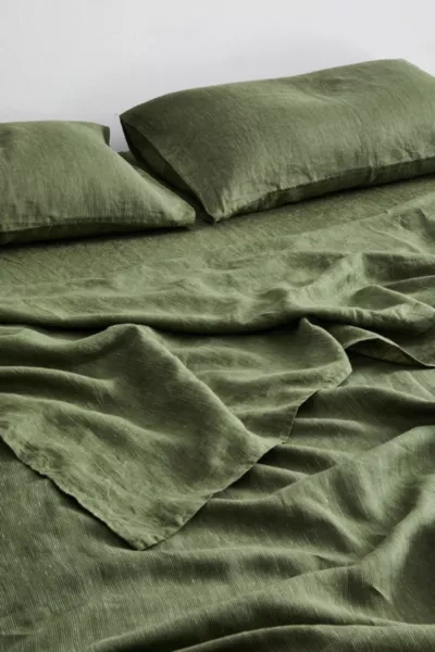 Shop Bed Threads French Flax Linen Flat Sheet In Olive Stripe At Urban Outfitters
