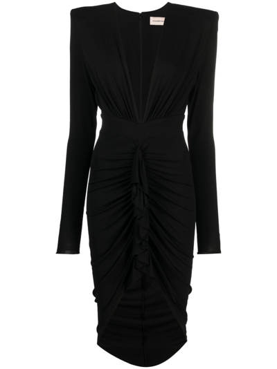 Shop Alexandre Vauthier Black Gathered V-neck Dress