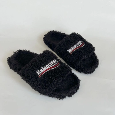 Pre-owned Balenciaga Furry Logo-embroidered Faux Shearling Slides, 39