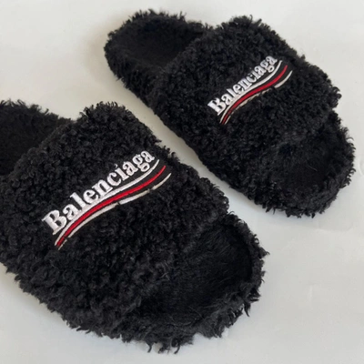Pre-owned Balenciaga Furry Logo-embroidered Faux Shearling Slides, 39