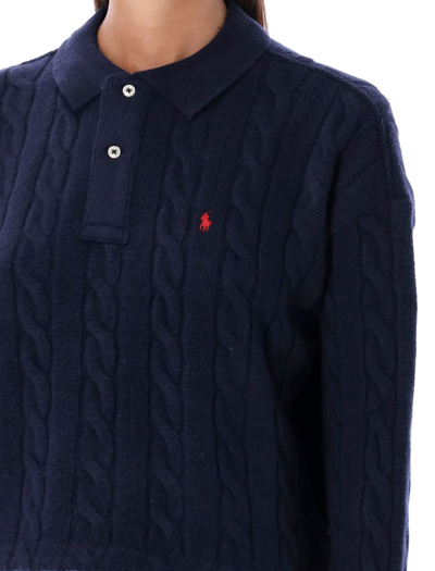 Shop Polo Ralph Lauren Cropped Knit Polo Sweater In Navy