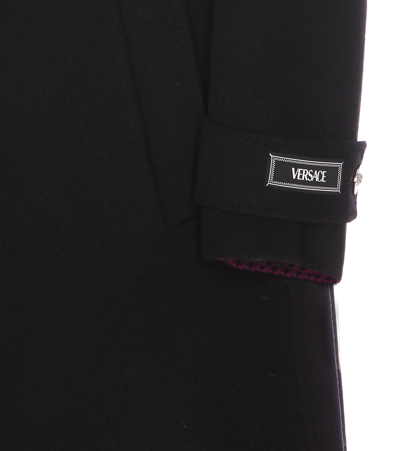 Shop Versace Medusa Tartan Double Breasted Coat In Black