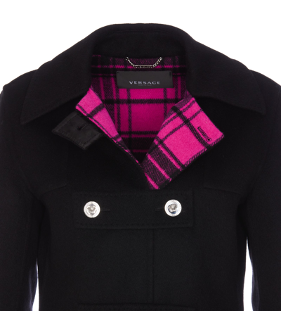 Shop Versace Medusa Tartan Double Breasted Coat In Black