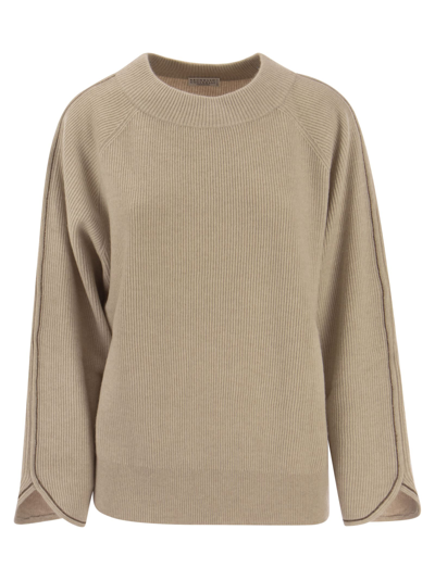 Shop Brunello Cucinelli Cashmere Sweater With Monile In Sand
