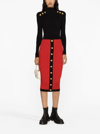 Shop Balmain Buttoned Knit Midi Skirt In Red