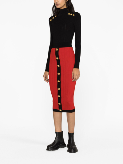 Shop Balmain Buttoned Knit Midi Skirt In Red