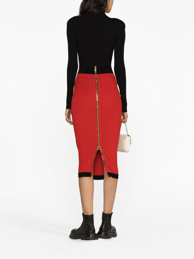 Shop Balmain Buttoned Knit Midi Skirt In Red