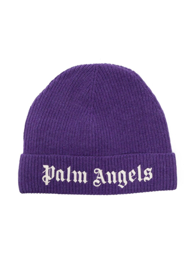 Shop Palm Angels Logo-embroidered Knitted Beanie In Purple