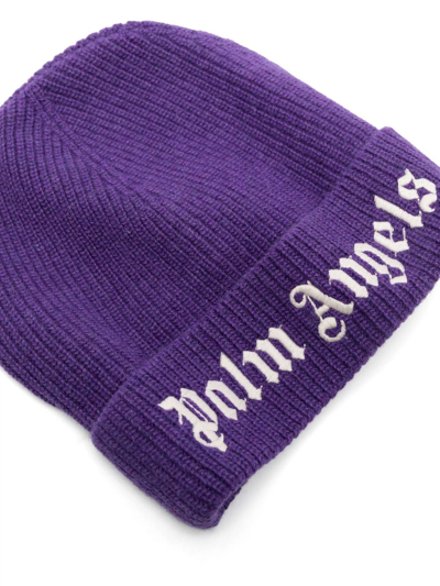 Shop Palm Angels Logo-embroidered Knitted Beanie In Purple