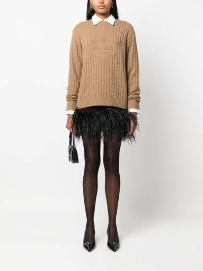 Shop Prada Logo-intarsia Cable-knit Jumper In Braun