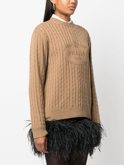 Shop Prada Logo-intarsia Cable-knit Jumper In Braun