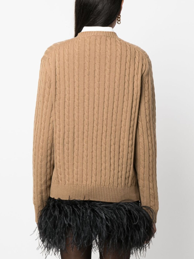 Shop Prada Logo-intarsia Cable-knit Jumper In Braun