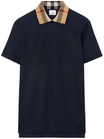 Shop Burberry Checked-collar Cotton Polo Shirt In Blue