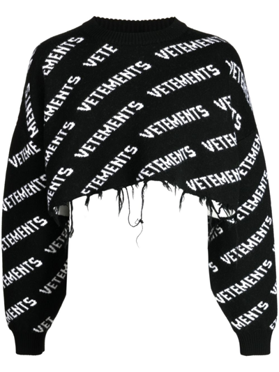 Shop Vetements Logo Intarsia-knit Distressed Jumper In Schwarz