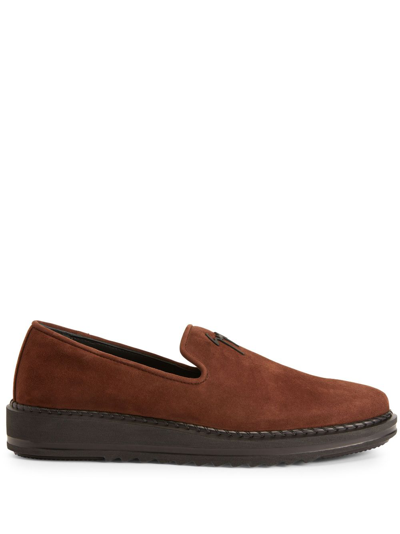 Shop Giuseppe Zanotti Klaus Logo-plaque Suede Loafers In Braun