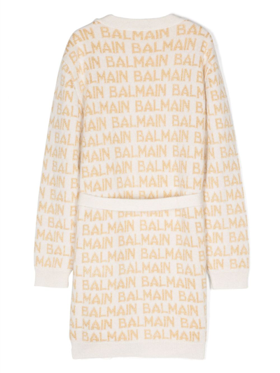 Shop Balmain Logo-intarsia Belted Cardigan In Nude