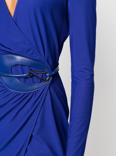 Tom Ford Plunging Leather-trim Microcosta Jersey Wrap Mini Dress In Blue