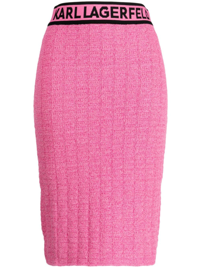 Shop Karl Lagerfeld Logo-waistband Bouclé Pencil Skirt In Pink