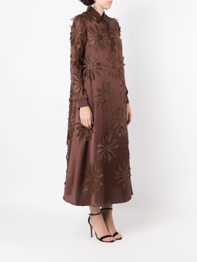 Gloria Coelho Flower Appliqué Silk Dress In Brown
