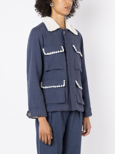 Shop Isolda Shearling-collar Button-up Jacket In Blue
