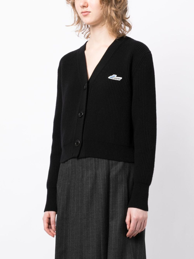 Shop We11 Done Logo-patch Ribbed-knit Wool Cardigan In Black