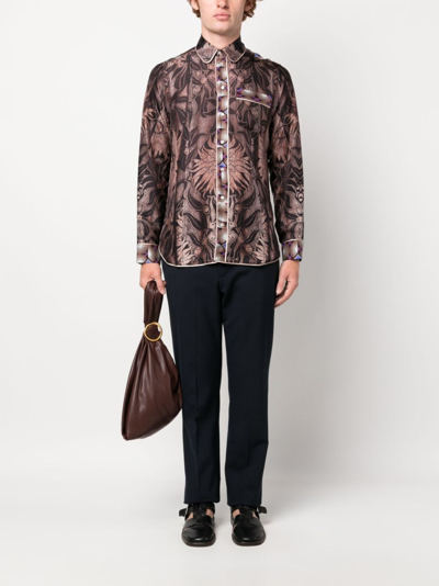 Shop Pierre-louis Mascia Abstract-leaf Print Silk Shirt In Brown