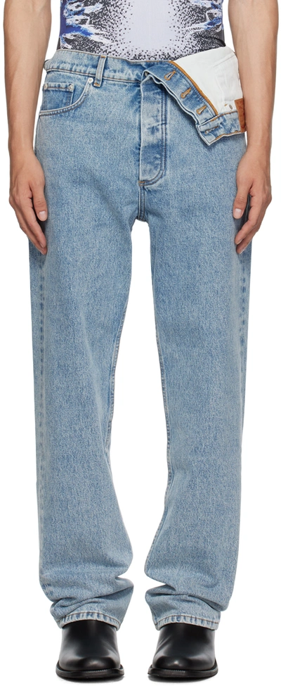 Shop Y/project Blue Asymmetric Jeans In Heavy Sw Blue