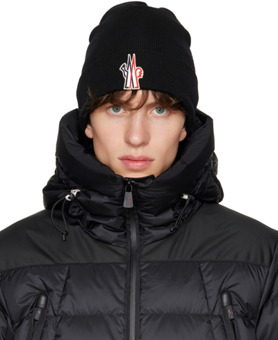 Shop Moncler Black Embroidered Beanie In 999 Black