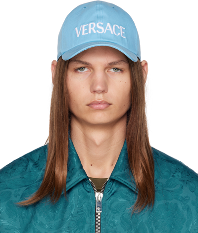 Shop Versace Blue Embroidered Cap In 2vb20-summer Sky Blu