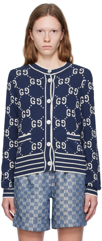 Shop Gucci Navy Gg Cardigan In 4769 Blue Navy/ivory