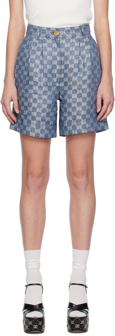 Shop Gucci Blue Gg Denim Shorts In 4405 Avio/ivory