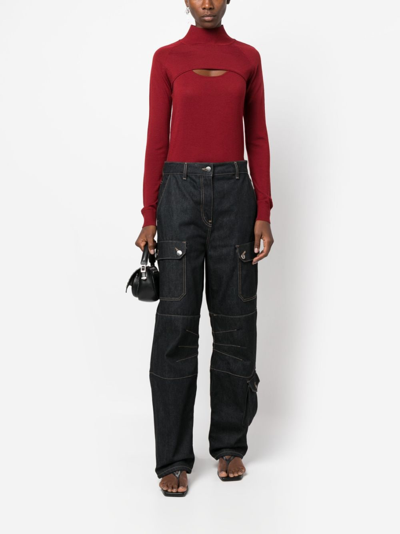 Shop Patrizia Pepe Long-sleeved Cut-out Wool T-shirt In Red
