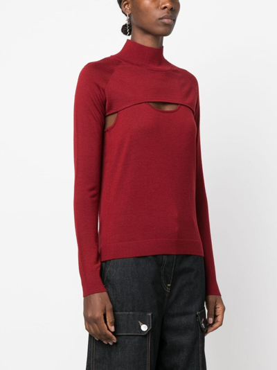 Shop Patrizia Pepe Long-sleeved Cut-out Wool T-shirt In Red