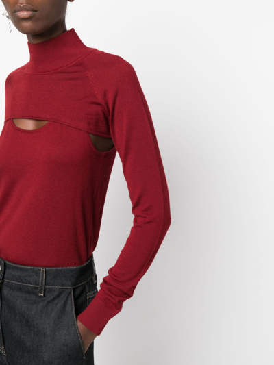 Shop Patrizia Pepe Long-sleeved Cut-out Wool T-shirt In Red