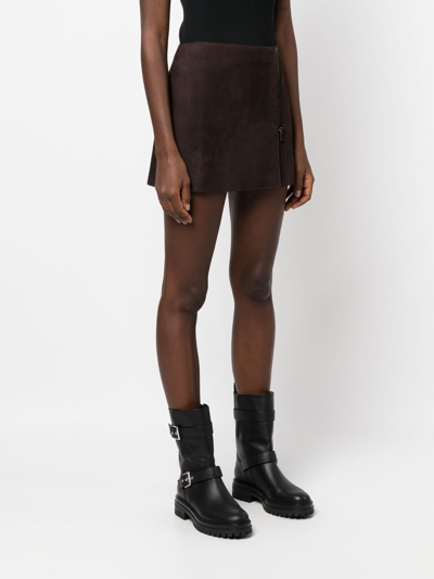 Shop P.a.r.o.s.h Front-zip Suede Miniskirt In Brown