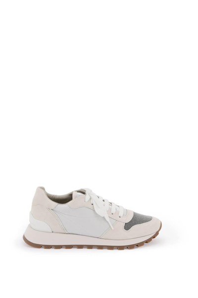 Shop Brunello Cucinelli Sneakers With Monili Toe In White,beige,silver
