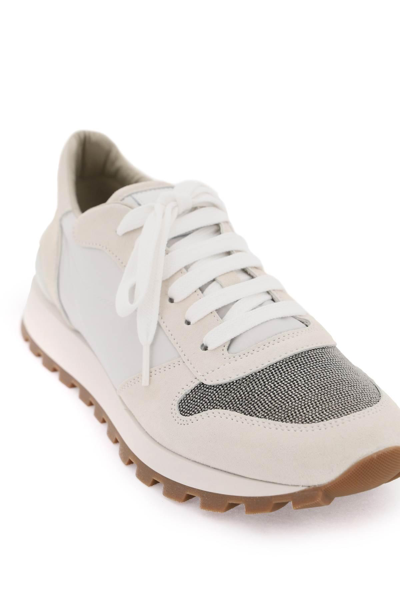 Shop Brunello Cucinelli Sneakers With Monili Toe In White,beige,silver
